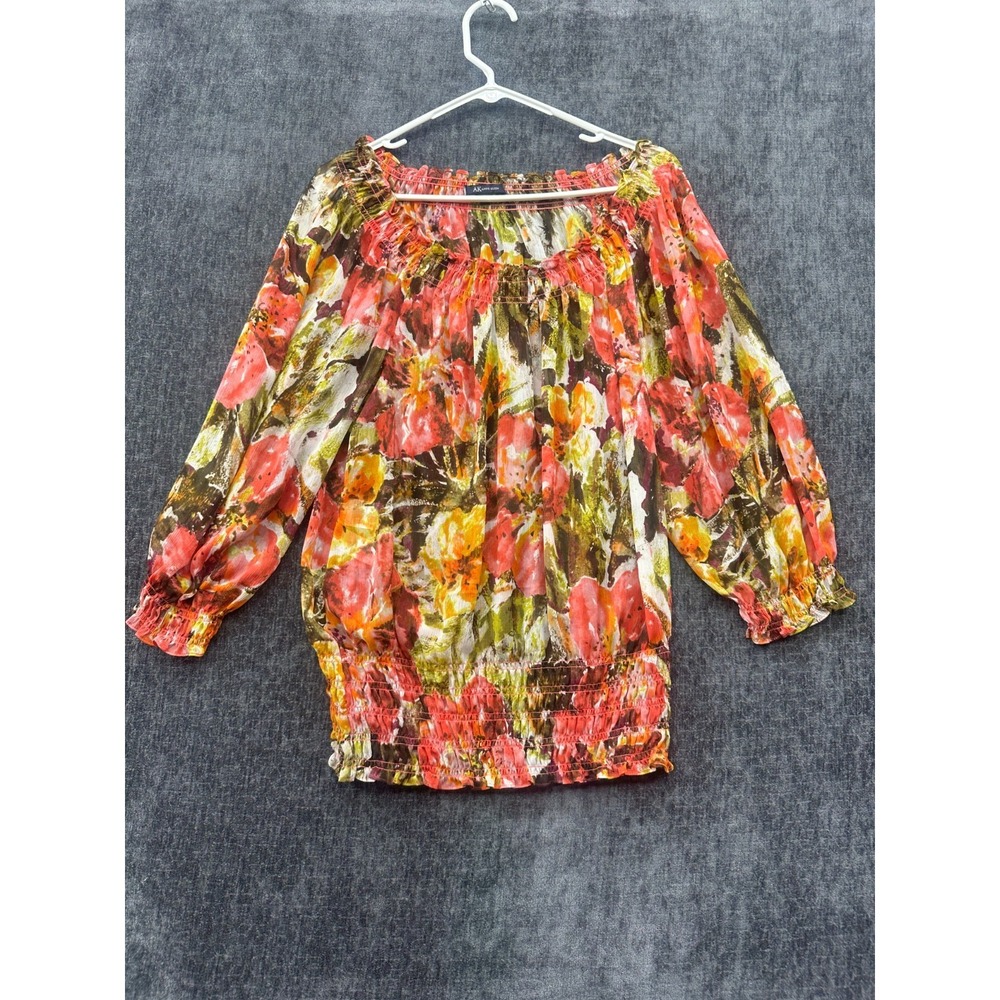 Anne‎ Klein Blouse Top Womens Large Multicolor Floral Smocked Off The Shoulder